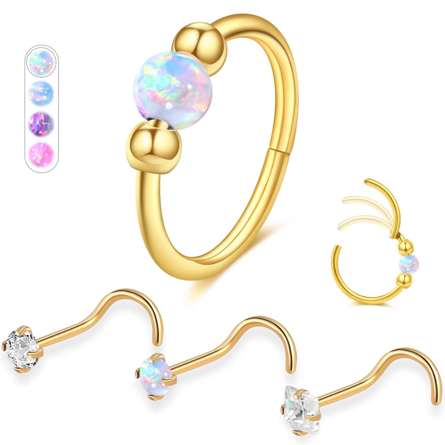 Opal Nose Ring Studs Horseshoe Nose Rings Hoops Stud 316L Stainless Steel Nose Rings Round CZ Square Screw L Shaped Nose Stud Hypoallergenic Nostril Piercing Jewelry for Women Men