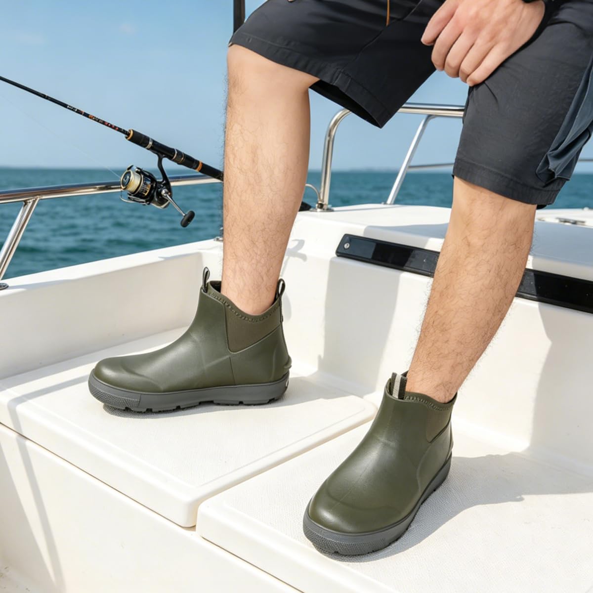 Men's Deck Boots, Waterproof Ankle Rain Boots with Anti-Slip Traction, Rubber Garden & Fishing Boots for Boating, Camping, Farming & Outdoor Work