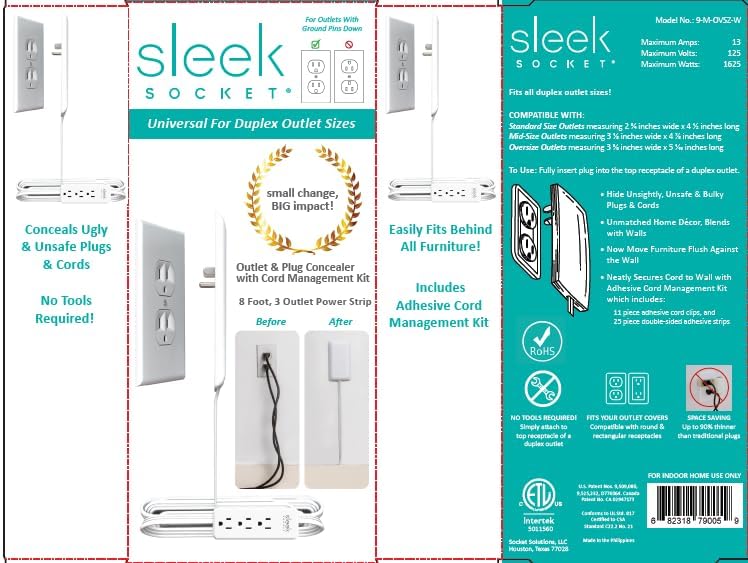 Sleek Socket Original & Patented Ultra-Thin Outlet Concealer with Cord Concealer Kit, 3-Foot Flat Extension Cord with 3 Outlets Power Strip, Safety Certified, Ideal for Kitchens and Behind Furniture