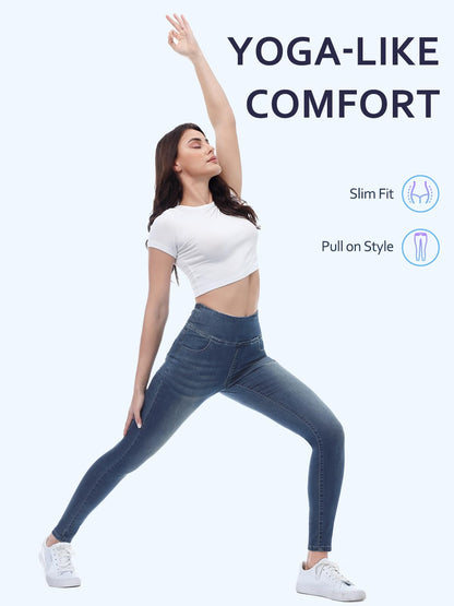 Chasehot Pull-On Skinny Jeans für Damen, dehnbare High-Waist Leggings, trendige Bauchkontrolle, Denim-Jeggings mit Taschen, Dark Wash-L