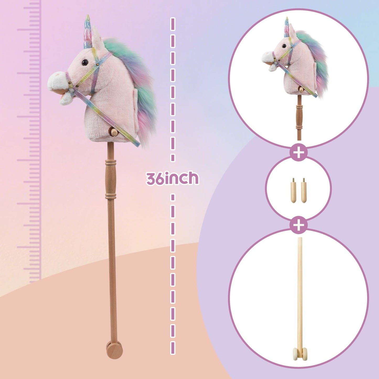 HollyHOME Plüsch Einhorn Steckenpferd mit Holzrädern Echten Pony Wiehern und Galoppieren Geräuschen Plüschtier Rosa 94 cm (AA Batterien Benötigt)
