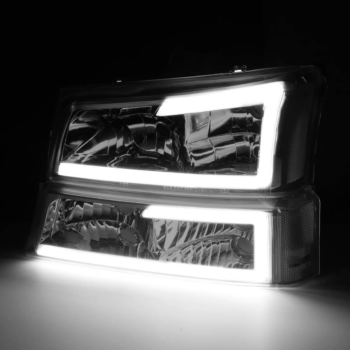 DNA MOTORING HL-LB-CSIL03-BK-CL1 Black Housing 3D LED DRL Headlight Bumper Lamp Set Compatible with 03-06 Silverado 1500-3500 / Avalanche 1500 2500