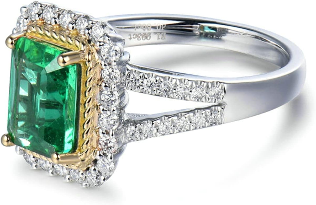 Aienid 18K Women's Wedding Ring Band White Gold 2ct Emerald Cut Emerald with 0.6ct Diamond Anniversary Ring for Girls