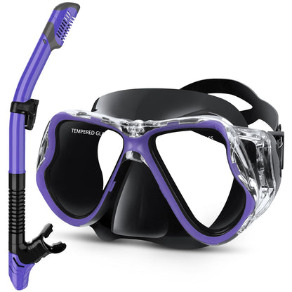 Greatever Dry Snorkel Set,Panoramic Wide View Anti-Fog Scuba Diving Mask,Professional Snorkeling Gear for Adults Kids