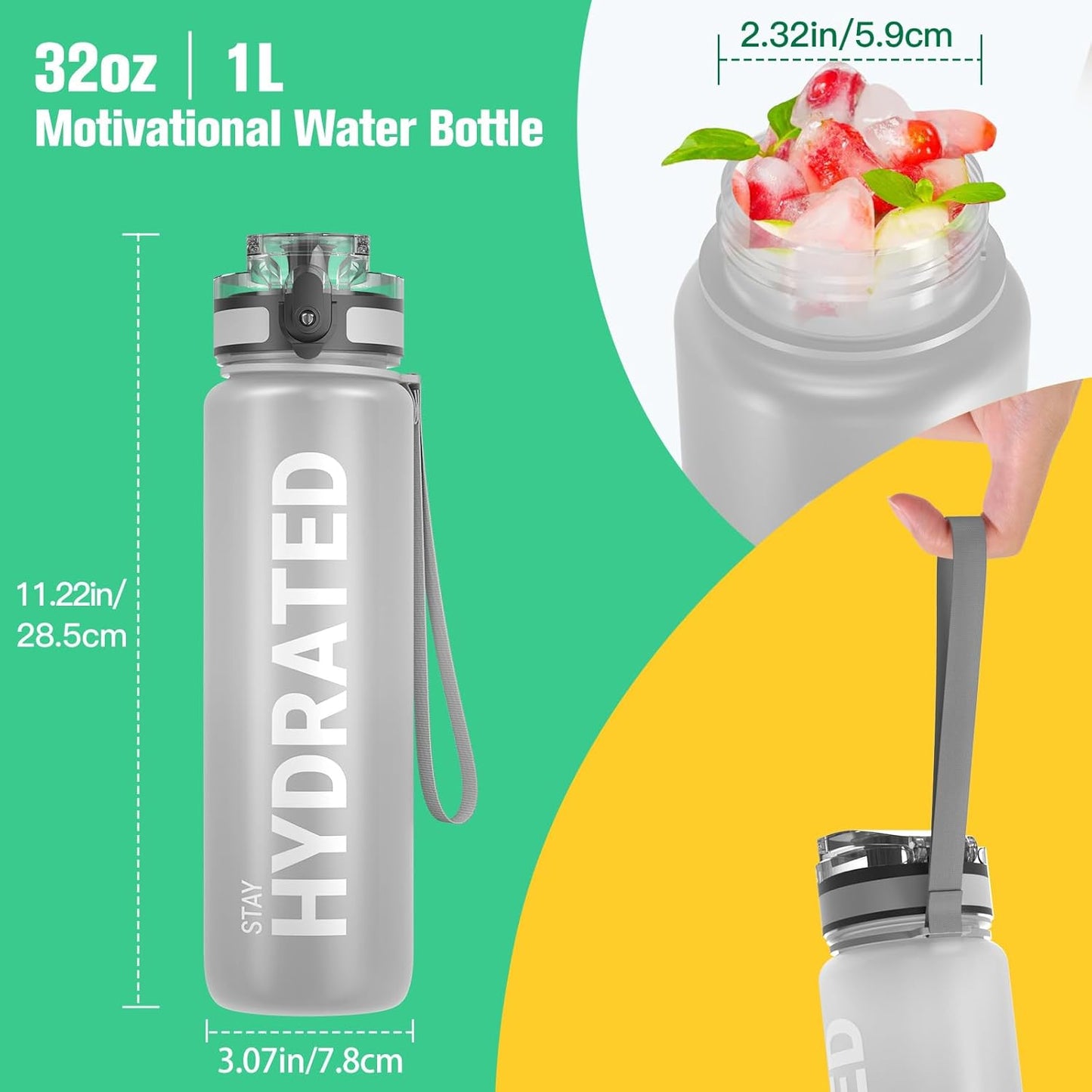 Sahara Sailor Trinkflasche, 950ml Motivations-Sportflasche mit Zeitmarkierung – Trinkzeiten – Tritan, BPA-frei, weite Öffnung auslaufsicher, Fast-Flow-Technologie mit Reinigungsbürste (1 Flasche)