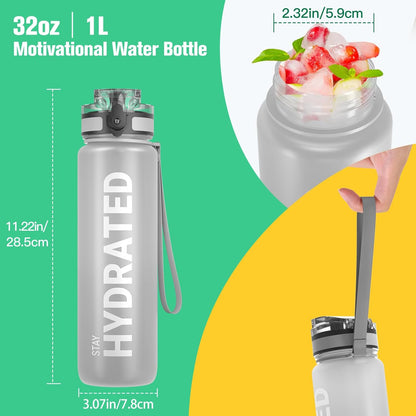 Sahara Sailor Trinkflasche, 950ml Motivations-Sportflasche mit Zeitmarkierung – Trinkzeiten – Tritan, BPA-frei, weite Öffnung auslaufsicher, Fast-Flow-Technologie mit Reinigungsbürste (1 Flasche)