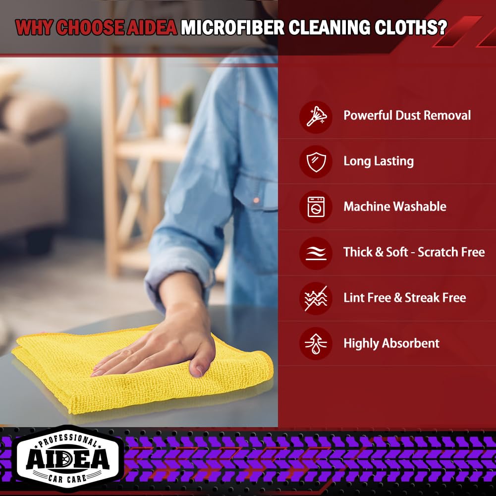 AIDEA Microfiber Cleaning Cloths-50PK, Microfiber Towels for Cars, Premium All-Purpose Car Cloth, Dusting Cleaning Rags, Absorbent Towels for SUVs, House, Kitchen, Window, Gift-12×12"
