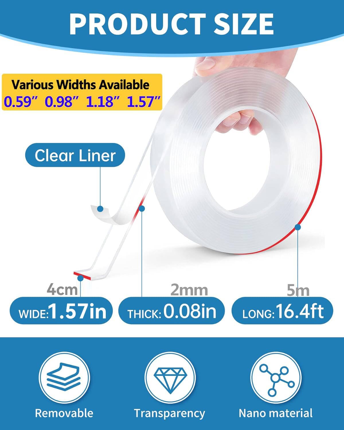 Teskyer Doppelseitiges Klebeband, Hochleistungsklebeband, Stark Haftendes Mehrzweck-Montageband, Abnehmbares und Wiederverwendbares Transparentes Klebeband (5m/Rolle, 1,5cm Breit)