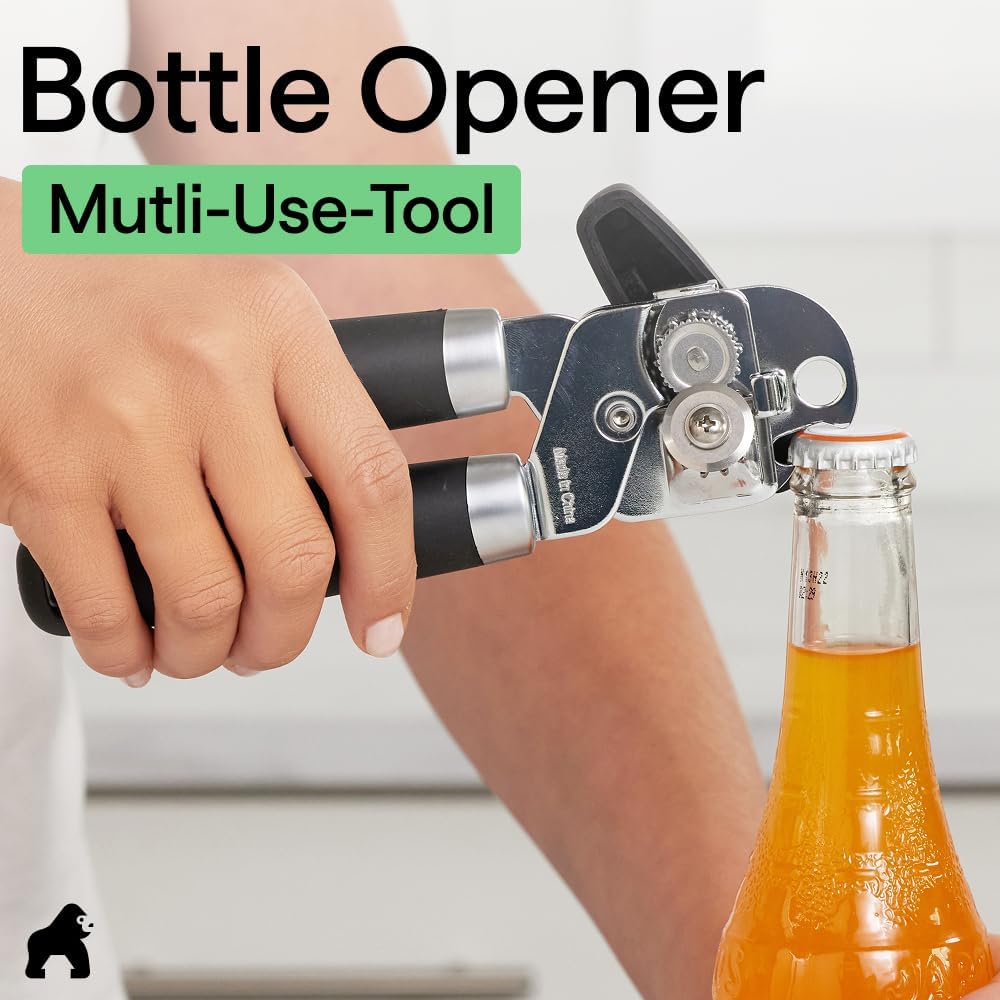 GORILLA GRIP Robuster manueller Dosenöffner, Flaschenöffner aus Edelstahl, öffnet Dosen mühelos, scharfe Klinge mit glattem Schnitt, leicht drehbarer Knopf für Senioren mit Arthritis, Küchenhelfer, Schwarz