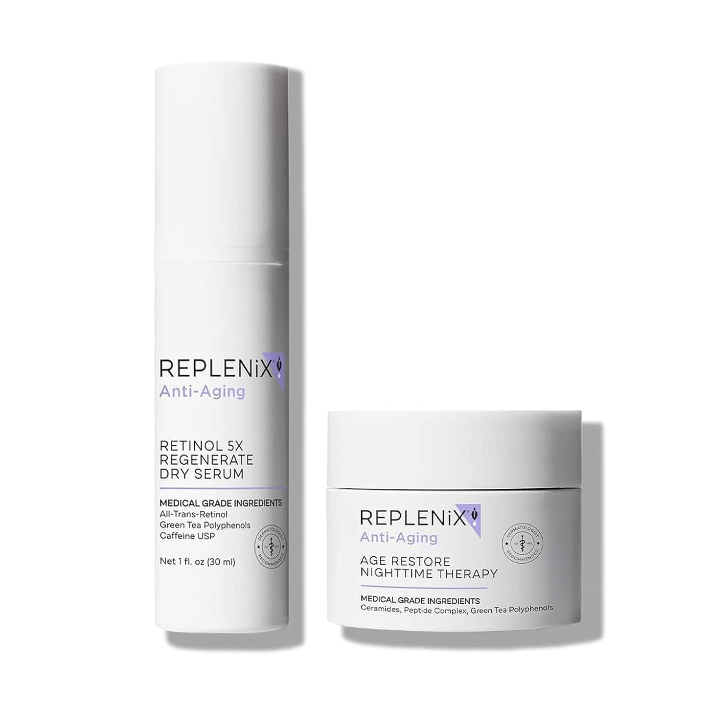 Replenix Anti-Aging Treatment Skin Care Bundle, Medical-Grade Set Includes Regenerate Retinol Dry Serum 5x (1 fl. oz) & Age Restore Nighttime Therapy Night Cream (1.7 oz)