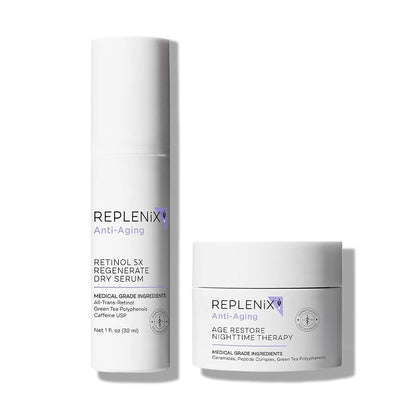 Replenix Anti-Aging Treatment Skin Care Bundle, Medical-Grade Set Includes Regenerate Retinol Dry Serum 5x (1 fl. oz) & Age Restore Nighttime Therapy Night Cream (1.7 oz)