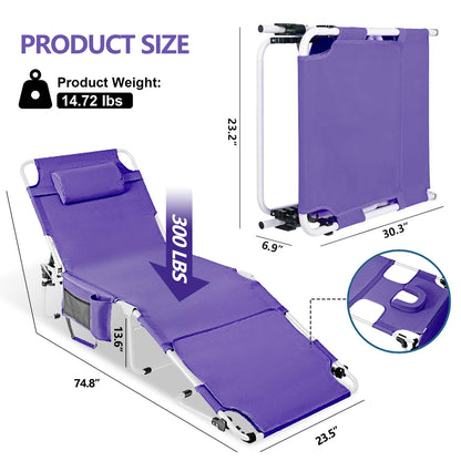 Tanning Chair with Face Hole, Adjustable Folding Chaise Lounge Chairs for Outside with Detachable Pillow & Pocket，Portable flat beach chairs for sunbathing, beach lawns camping (Purple, Standard)