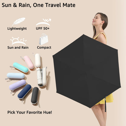 BAODINI Reiseutensilien Mini-Regenschirm für die Handtasche mit Etui Klein Kompakt UV-Sonnenschutz Leicht Winzig Tasche Manuelles Öffnen und Schließen Regenschirm für Damen, Kinder und Herren Passt in Handtasche Rucksack