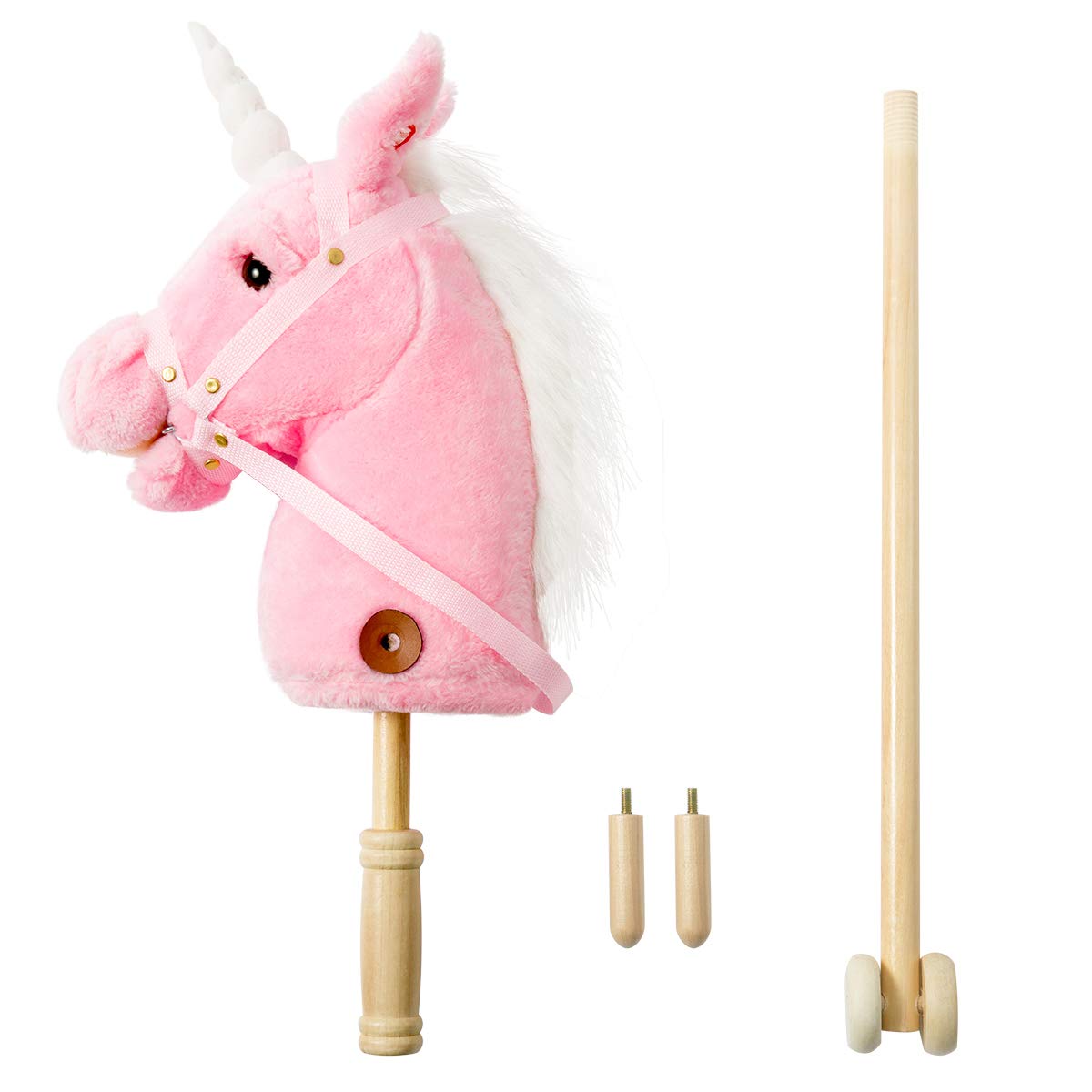 HollyHOME Plüsch Einhorn Steckenpferd mit Holzrädern Echten Pony Wiehern und Galoppieren Geräuschen Plüschtier Rosa 94 cm (AA Batterien Benötigt)