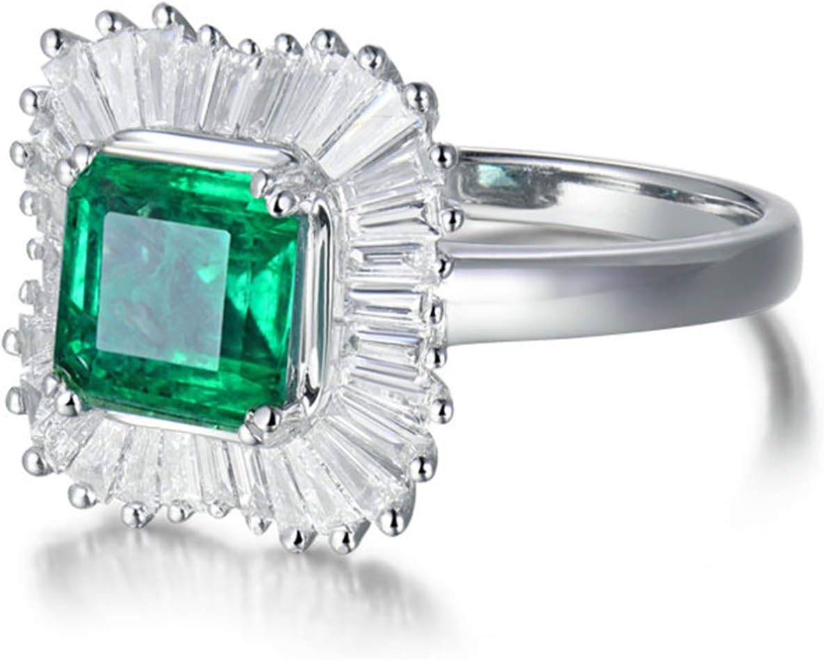 AmDxD White Gold Rings for Women, Anniversary Ring for Wife Halo Ring 1.5ct Emerald with 0.73ct Diamond Birthday Gifts | Valentine Gifts