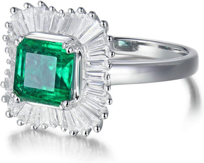 AmDxD White Gold Rings for Women, Anniversary Ring for Wife Halo Ring 1.5ct Emerald with 0.73ct Diamond Birthday Gifts | Valentine Gifts