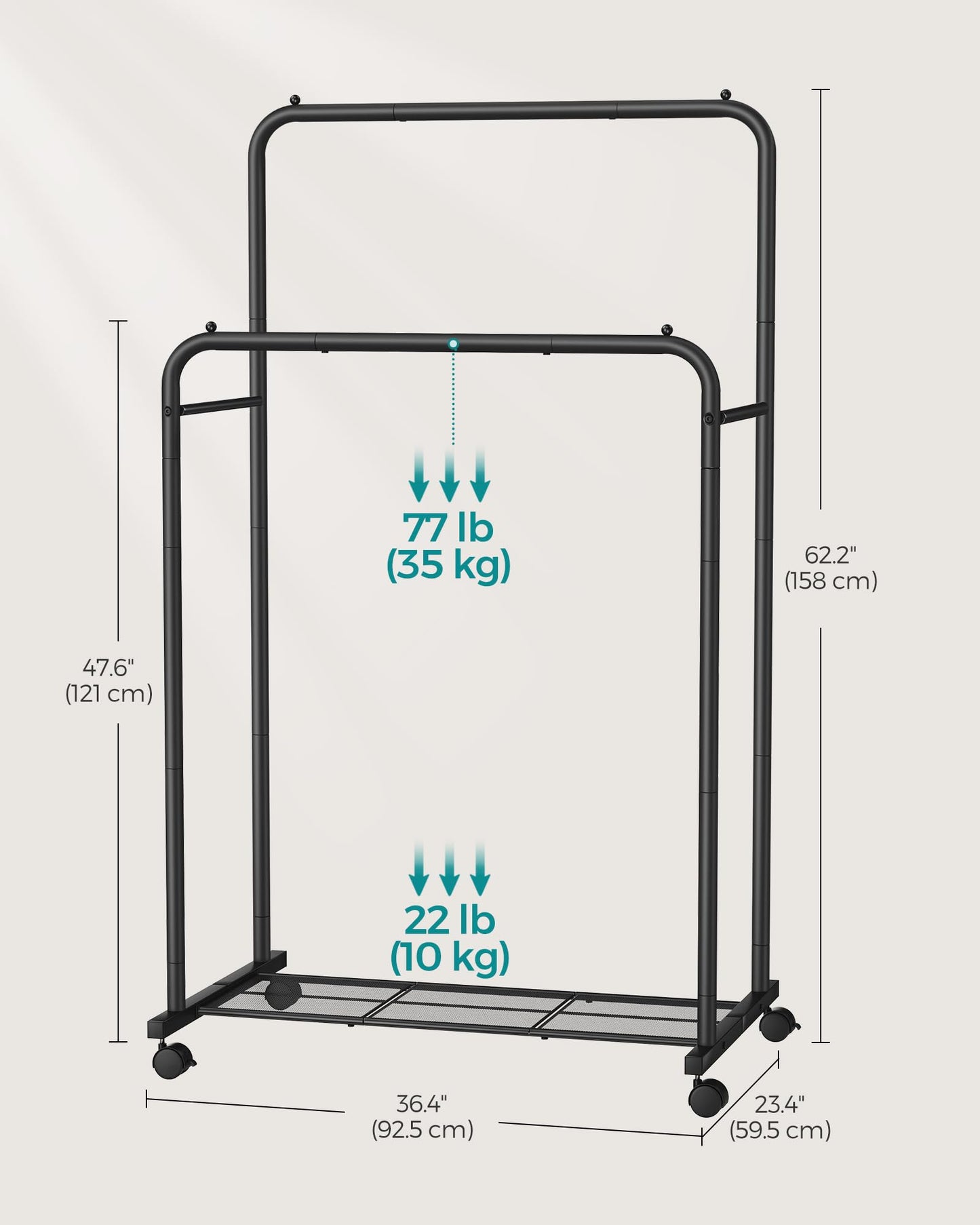 SONGMICS Clothes Rack with Wheels, Clothing Rack for Hanging Clothes, 25.4 mm Metal Garment Rack with Dense Mesh Storage Shelf, 110 lb Load Capacity, 2 Brakes, Black UHSR25BK