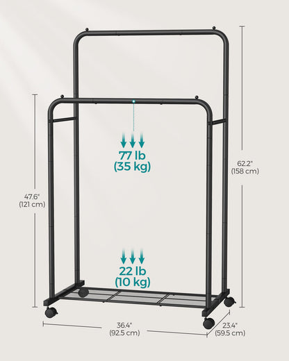 SONGMICS Clothes Rack with Wheels, Clothing Rack for Hanging Clothes, 25.4 mm Metal Garment Rack with Dense Mesh Storage Shelf, 110 lb Load Capacity, 2 Brakes, Black UHSR25BK