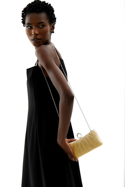 Damen Gold Glitzer Clutch Handtasche Plissierte Abendtasche für Braut Hochzeit Party mit Strassring