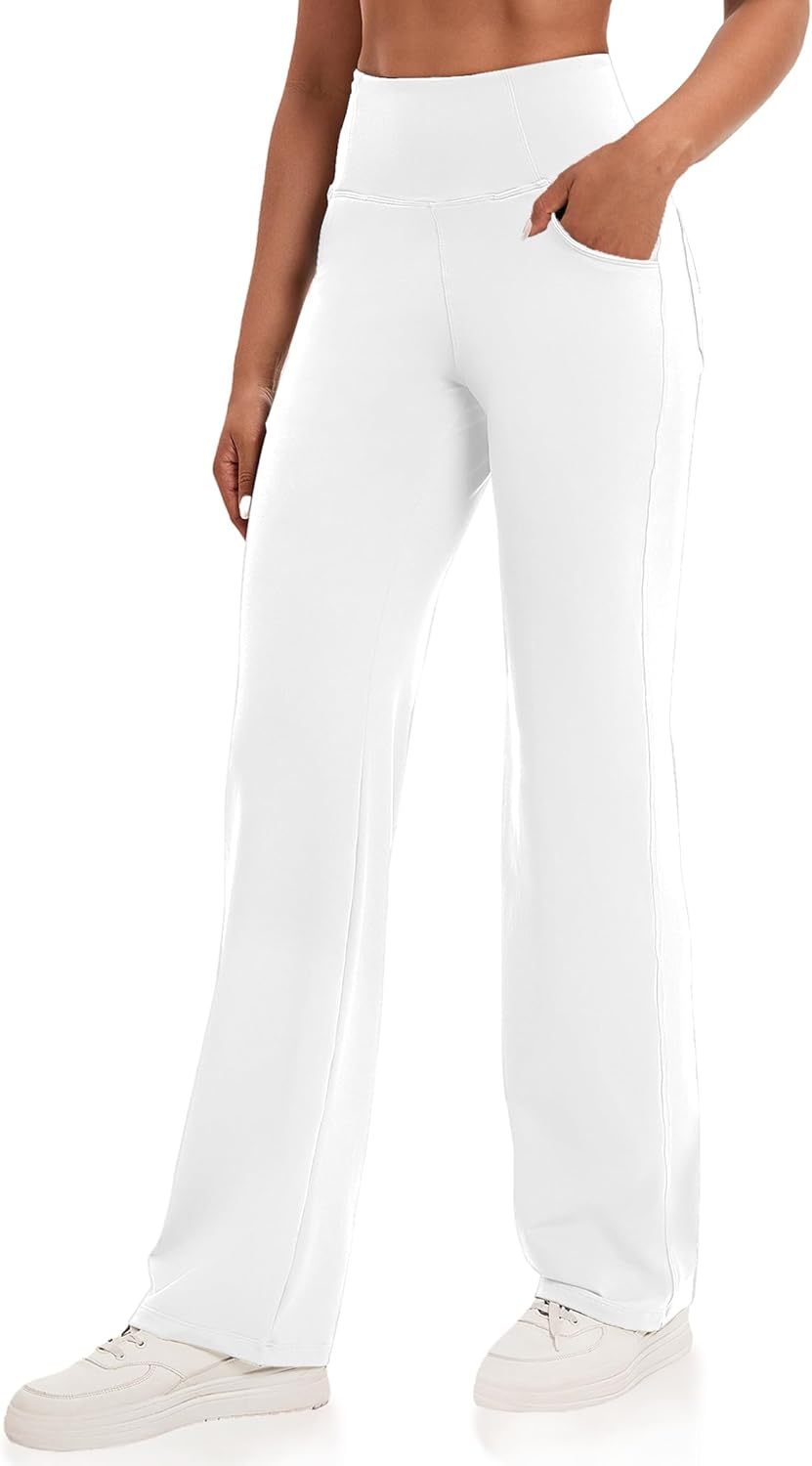 VOOVEEYA Yogahosen für Damen mit Taschen, gerade geschnittene Hose mit weitem Bein, hochtaillierte Business-Hose, petite/regulär//lang