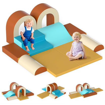 Olakids Toddler Climbing Toys Indoor, 10 Pieces Baby Foam Blocks Soft Play Set with PU Leather, Kids Climb Crawling Activity Gym Playground for 1+ Years (Brown)