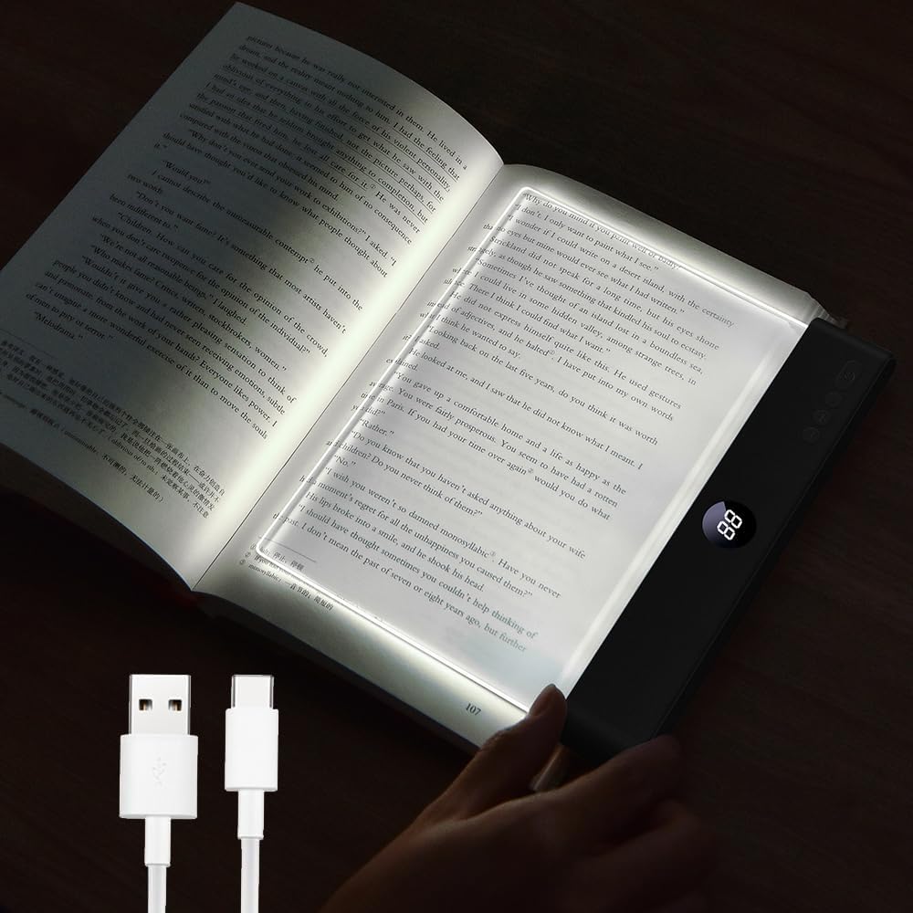 Book Light, Rechargeable Clear LED Flat Reading Light with 3 Colors & Timer, Dimmable Panel Plate Lamp Book Full Page Light for Reading in Bed at Night, Funny Gifts for Readers Kids Women Men (White)