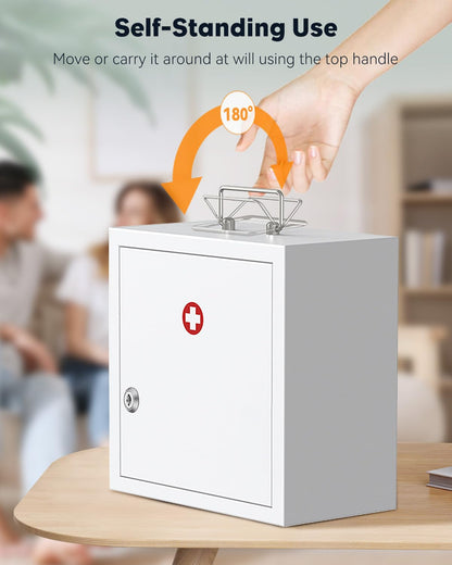 Uniclife Wall Mount Medicine Cabinet with Combination & Key Lock Locking First Aid Cabinet Lockable Medical Cabinet Large Capacity Medicine Organizer Secure Steel Wall Cabinet Metal Storage Box, White