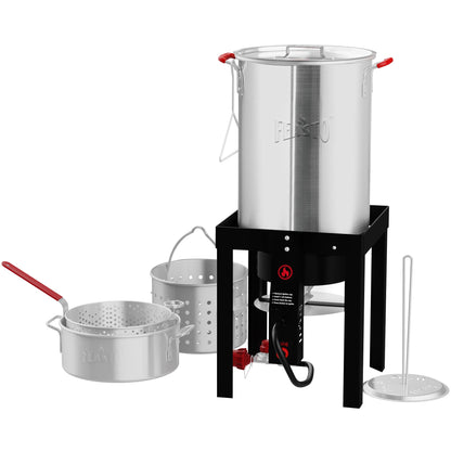 Feasto 10 Qt Outdoor Propane Gas Fish Fryer Pot Kit with Strainer Basket | Aluminum, 50,000 BTU Burner, Adjustable 0-5 PSI Regulator, Perfect for Boiling and Frying