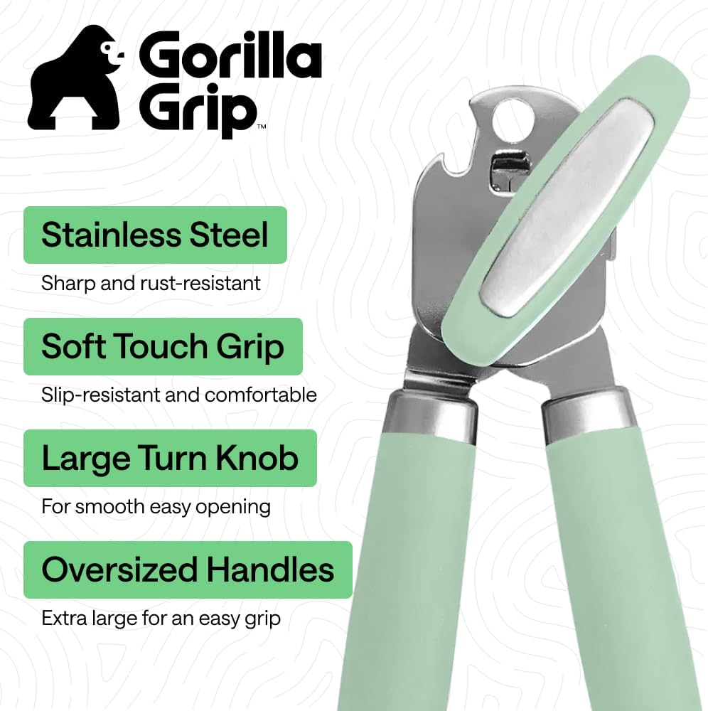 GORILLA GRIP Robuster manueller Dosenöffner, Flaschenöffner aus Edelstahl, öffnet Dosen mühelos, scharfe Klinge mit glattem Schnitt, leicht drehbarer Knopf für Senioren mit Arthritis, Küchenhelfer, Schwarz