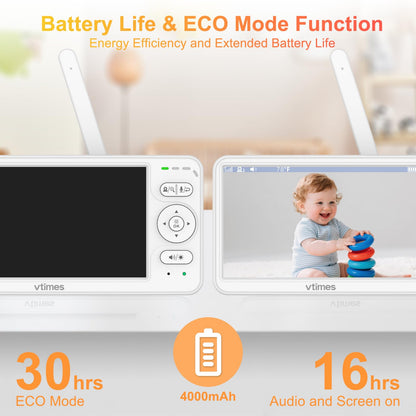 VTimes Baby Monitor with Camera and Audio, 6'' IPS Screen with 30-Hour Battery, Baby Monitor No WiFi Night Vision, ECO, 2-Way Audio, Pan-Tilt-Zoom, Baby Camera Monitor with 1000ft Range, Ideal Gift