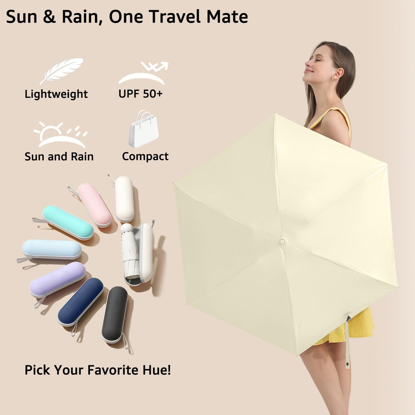 BAODINI Reiseutensilien Mini-Regenschirm für die Handtasche mit Etui Klein Kompakt UV-Sonnenschutz Leicht Winzig Tasche Manuelles Öffnen und Schließen Regenschirm für Damen, Kinder und Herren Passt in Handtasche Rucksack