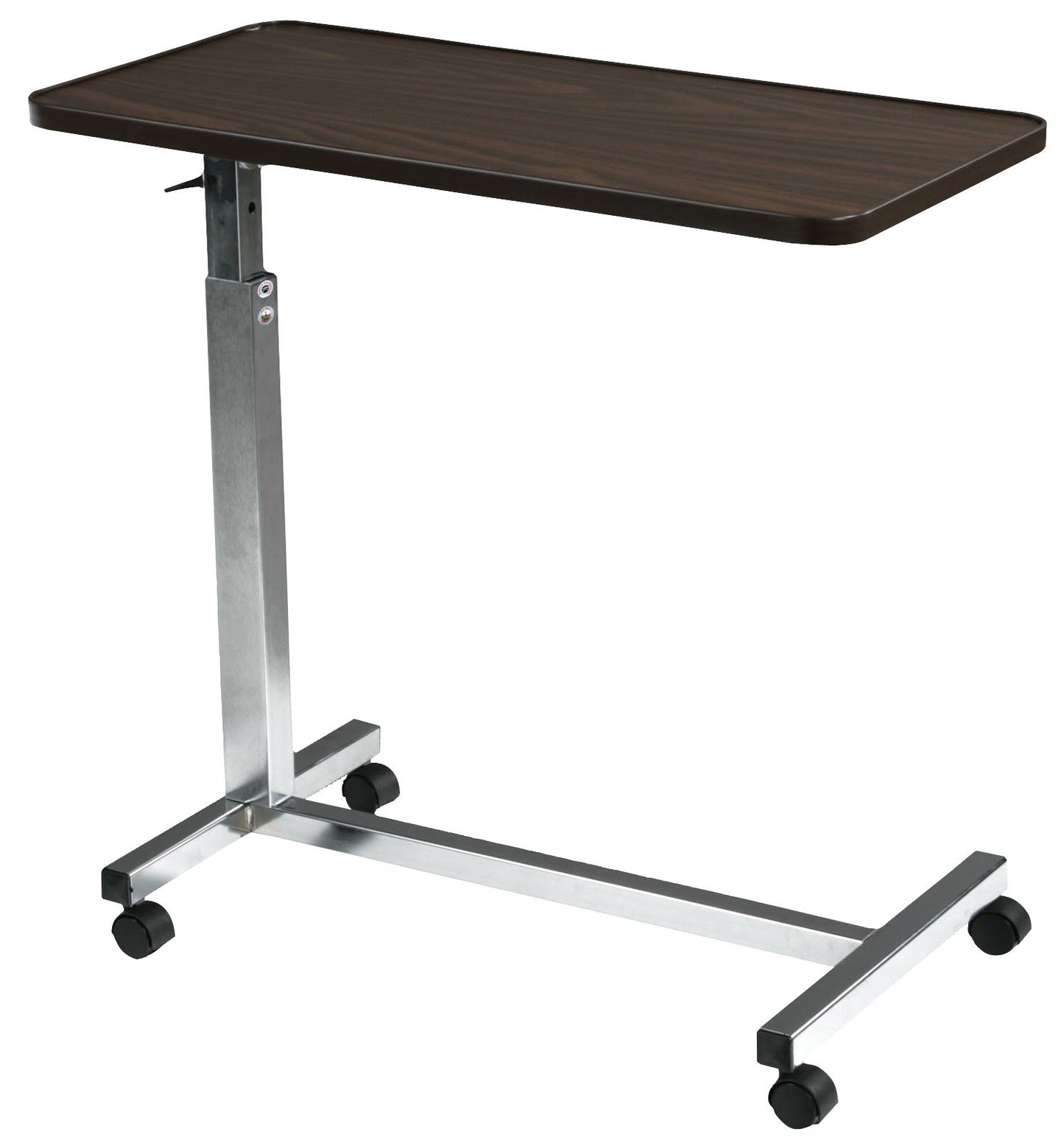 Drive Medical Overbed Table with Wheels - Secure Height Adjustment for Comfort - Non Tilt Surface - Smooth Rolling Design - Home & Hospital Use - Woodgrain Laminate Top - Silver Vein