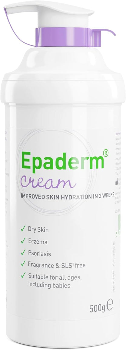 Epaderm Cream for Eczema, Psoriasis and Dry Skin | 500g pump | 2-in-1 emollient formulated with clinically proven ingredients | Free from fragrance, colour, steroids, sodium lauryl sulphate (SLS) | Suitable for all ages, including babies