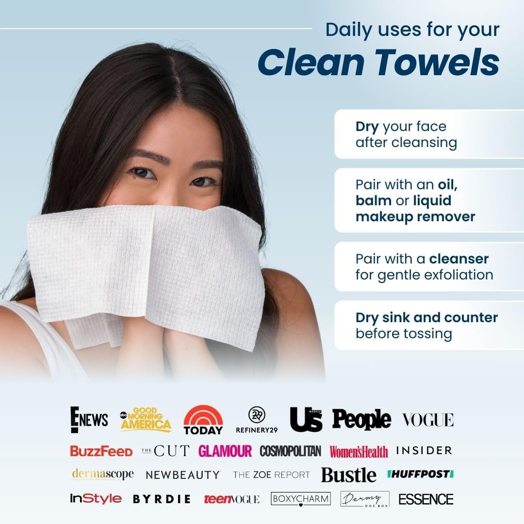 Clean Skin Club Clean Towels XL®, 100% USDA Biobased Gesichts-Handtuch, Einweg-Gesichts-Tuch, von der Eczema Association akzeptiert, Make-up-Entferner Trockentücher, ultraweich, 1 Packung, 50 Stück