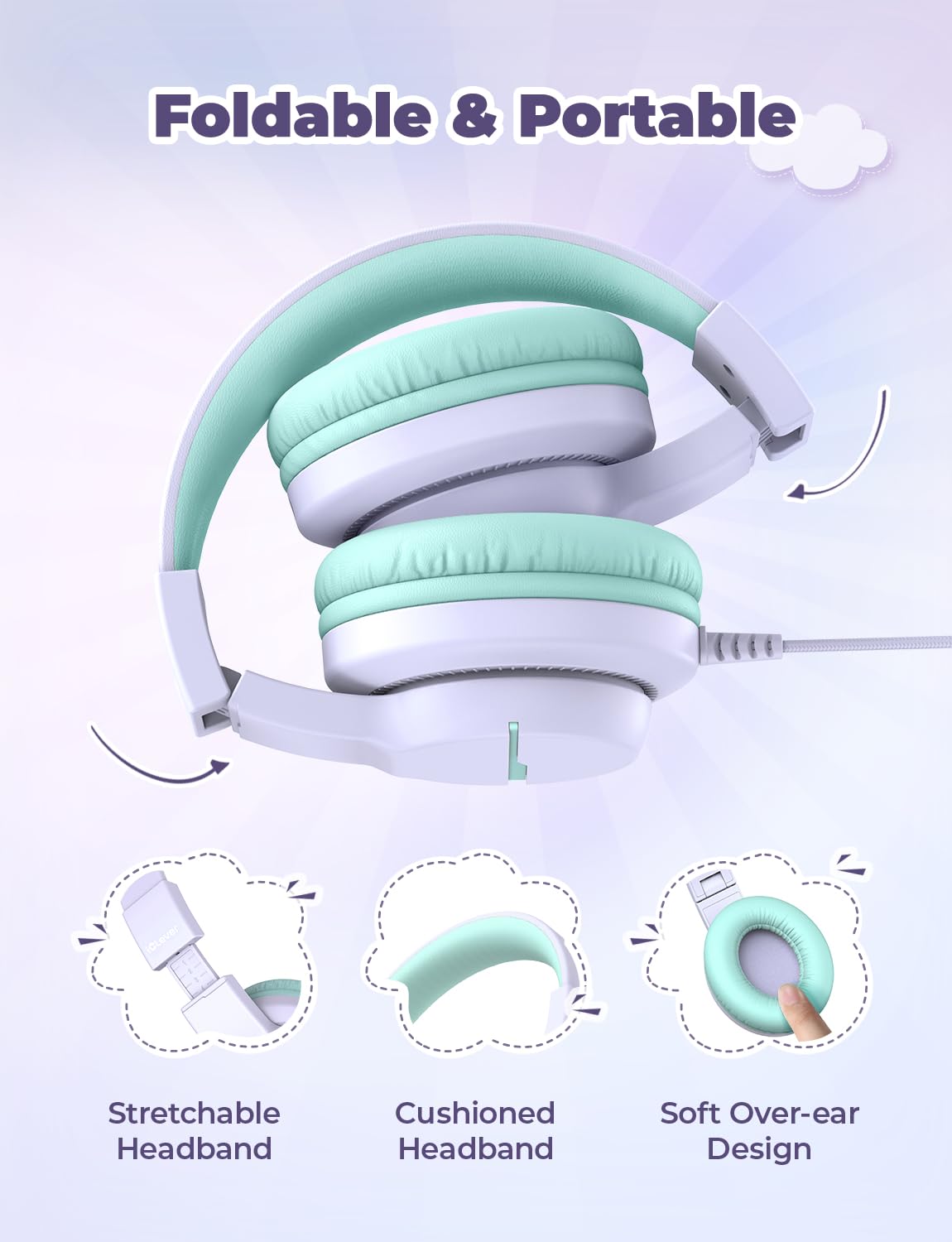 iClever Kinderkopfhörer für Schule und Reisen, sichere Lautstärkebegrenzung, HD-Mikrofon, Stereo-Sound Over-Ear-Kopfhörer für Mädchen und Jungen, FunShare Faltbar, 3,5 mm kabelgebunden für iPad Computer, HS19