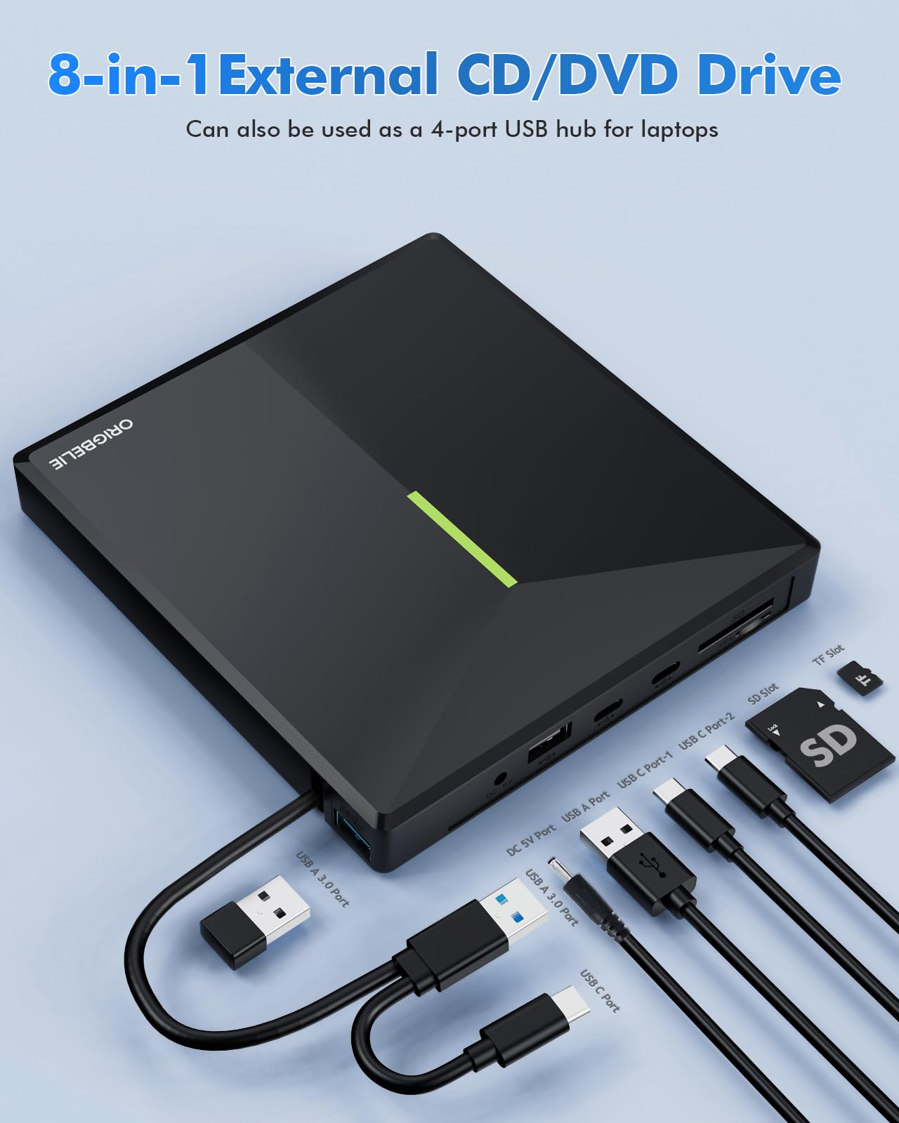 ORIGBELIE externes DVD-Laufwerk, CD-Laufwerk USB 3.0 Typ-C CD/DVD ROM +/-RW Adapter mit USB-Anschluss DVD-Brenner für Laptop, PC, Desktop-Computer, optisches Laufwerk CD-Player kompatibel mit Mac Windows Linux