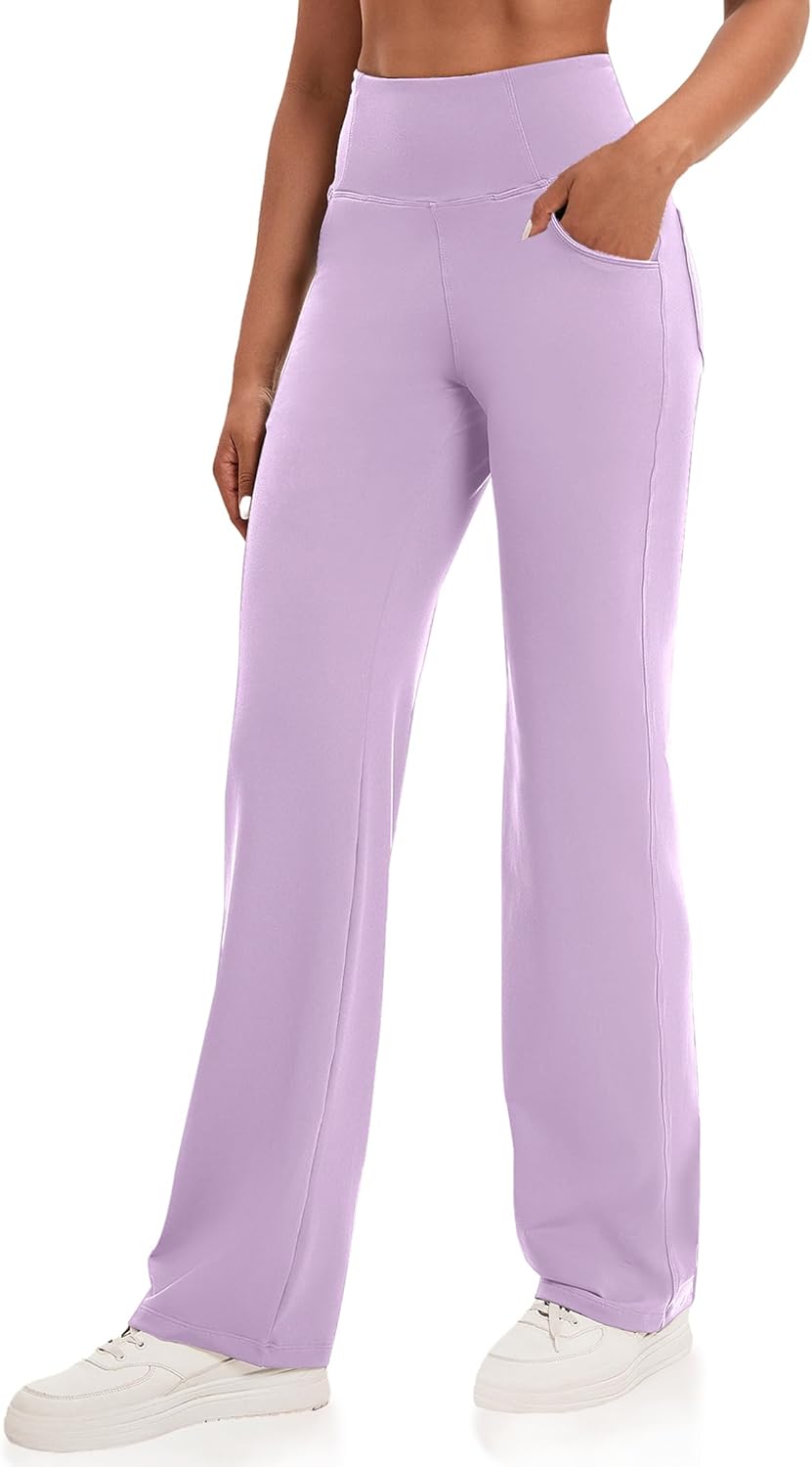 VOOVEEYA Yogahosen für Damen mit Taschen, gerade geschnittene Hose mit weitem Bein, hochtaillierte Business-Hose, petite/regulär//lang