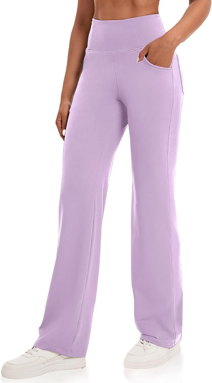 VOOVEEYA Yogahosen für Damen mit Taschen, gerade geschnittene Hose mit weitem Bein, hochtaillierte Business-Hose, petite/regulär//lang