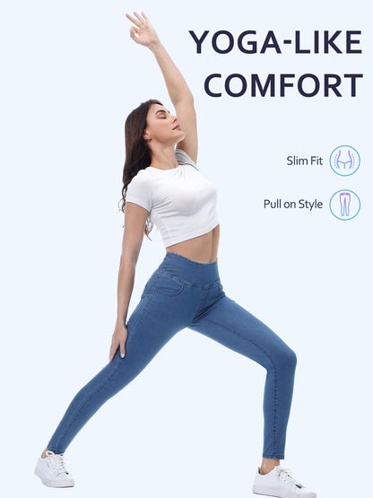 Chasehot Pull-On Skinny Jeans für Damen, dehnbare High-Waist Leggings, trendige Bauchkontrolle, Denim-Jeggings mit Taschen, Dark Wash-L