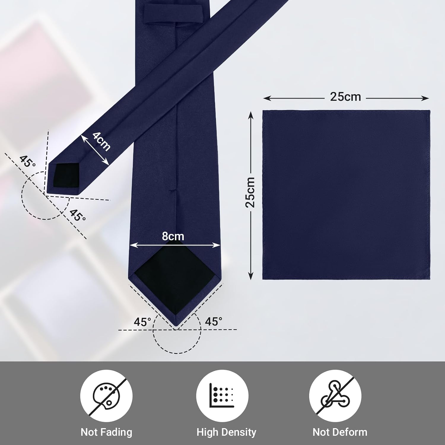 JUNMEISI Black Tie Set in Gift Box Mens Solid Color 3.15" (8CM) Black Necktie and Pocket Square Set