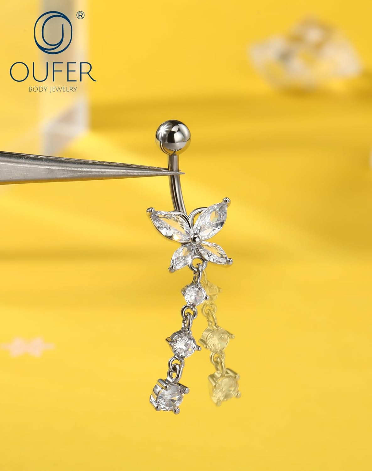 OUFER 5x Bauchnabelpiercings baumelnd – 14G Chirurgischer Stahl Bauchnabelpiercing, Hypoallergener Bauchnabelring mit Zirkonia Schmetterling Blume Tropfen Langhantel für Strand, Festival, Fitnessstudio