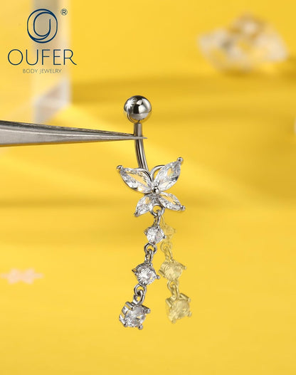 OUFER 5x Bauchnabelpiercings baumelnd – 14G Chirurgischer Stahl Bauchnabelpiercing, Hypoallergener Bauchnabelring mit Zirkonia Schmetterling Blume Tropfen Langhantel für Strand, Festival, Fitnessstudio