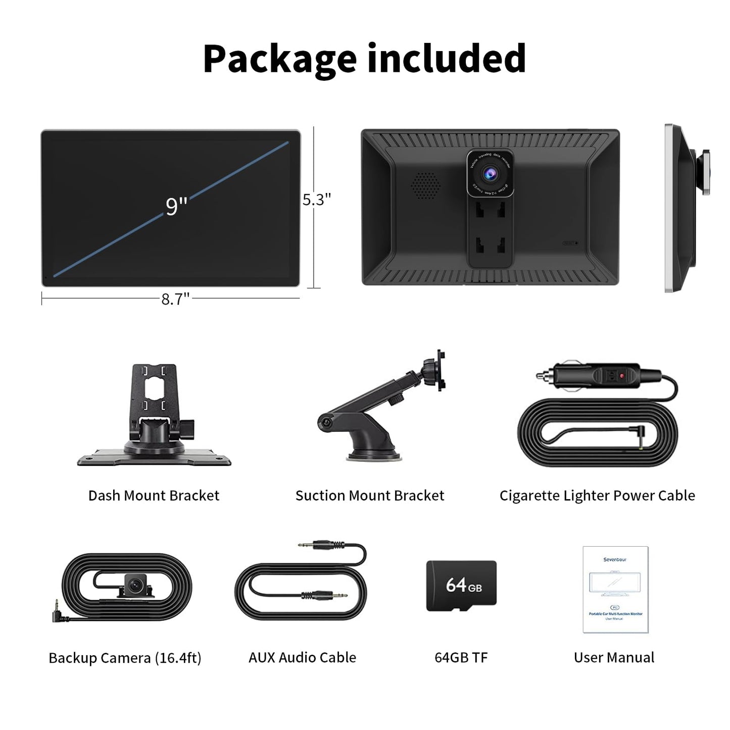 Madoec Tragbarer Apple Carplay Bildschirm fürs Auto, 9" Kabelloses Apple Carplay & Android Auto, 4K Dashcam, 1080p Rückfahrkamera DVR, Autoradio Empfänger GPS Navigation Mirror Link, Bluetooth, FM, Siri