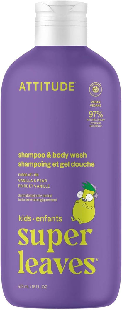 ATTITUDE Shampoo and Body Wash for Kids, Made in Canada, EWG Verified Hair and Body Cleanser, Dermatologically Tested Soap, Plant and Mineral Based Bath Products, Vegan, Vanilla & Pear, 473 mL