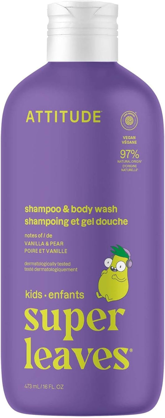 ATTITUDE Shampoo and Body Wash for Kids, Made in Canada, EWG Verified Hair and Body Cleanser, Dermatologically Tested Soap, Plant and Mineral Based Bath Products, Vegan, Vanilla & Pear, 473 mL