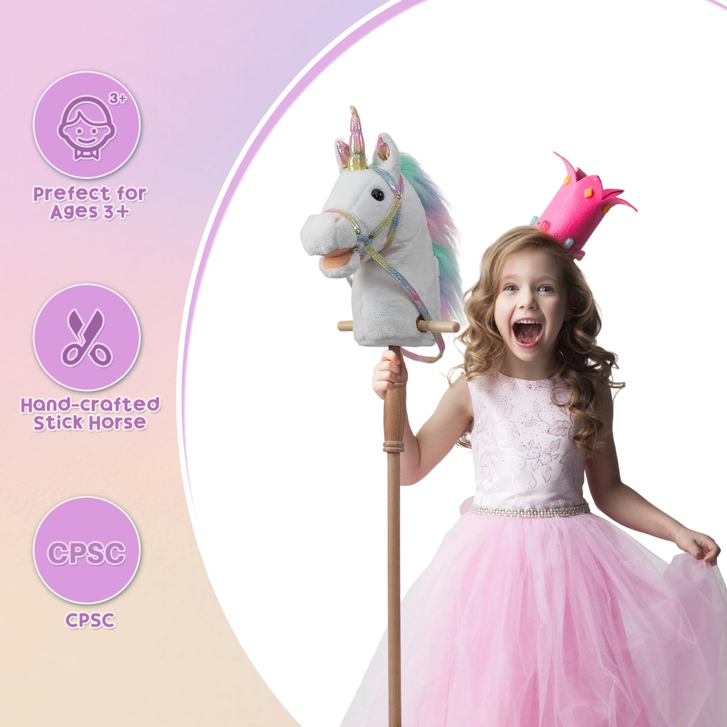 HollyHOME Plüsch Einhorn Steckenpferd mit Holzrädern Echten Pony Wiehern und Galoppieren Geräuschen Plüschtier Rosa 94 cm (AA Batterien Benötigt)