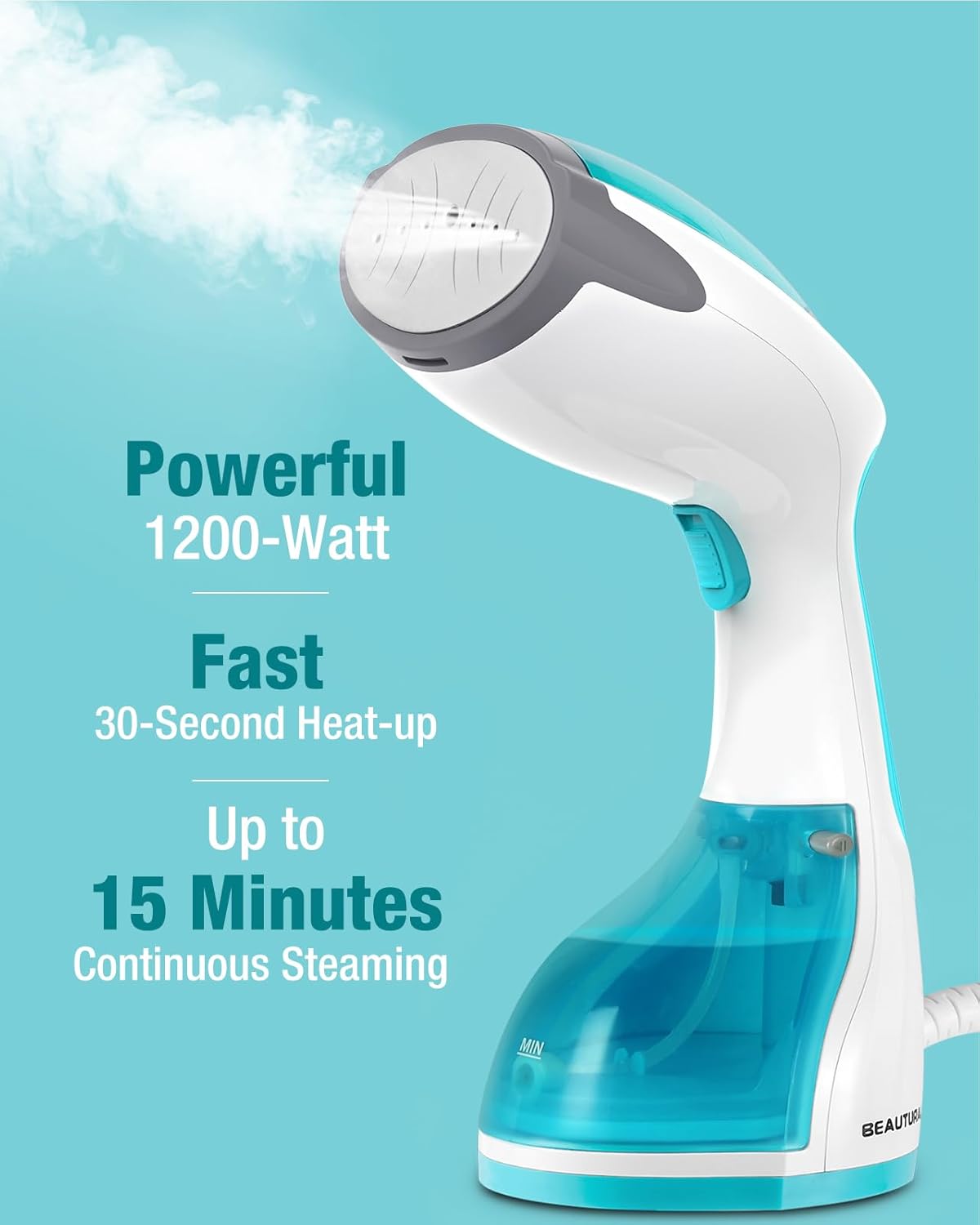 BEAUTURAL 1200-Watt Handheld-Dampfglätter für Kleidung, 30 Sekunden Aufheizzeit, 260 ml Wassertank, Aqua