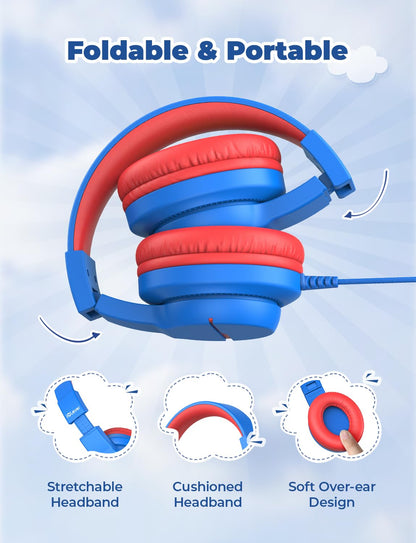 iClever Kinderkopfhörer für Schule und Reisen, sichere Lautstärkebegrenzung, HD-Mikrofon, Stereo-Sound Over-Ear-Kopfhörer für Mädchen und Jungen, FunShare Faltbar, 3,5 mm kabelgebunden für iPad Computer, HS19