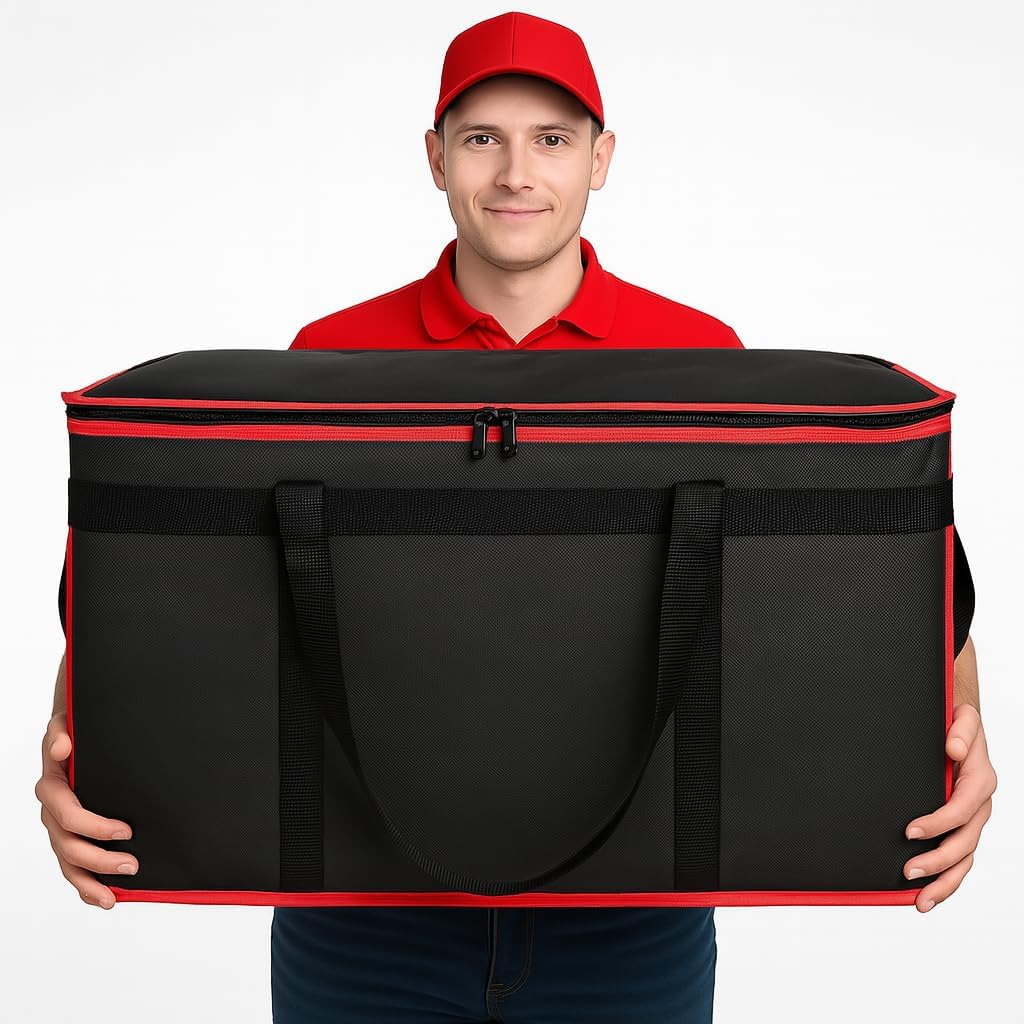 Bodaon Isolierte Essensliefertasche - Warm- & Kalthaltetransporttasche, Catering/Doordash Pizzawärmer, Einkaufstasche, Kühltasche für Partys (Schwarz-Rot, 1 St.), Ideal für den Transport warmer Speisen