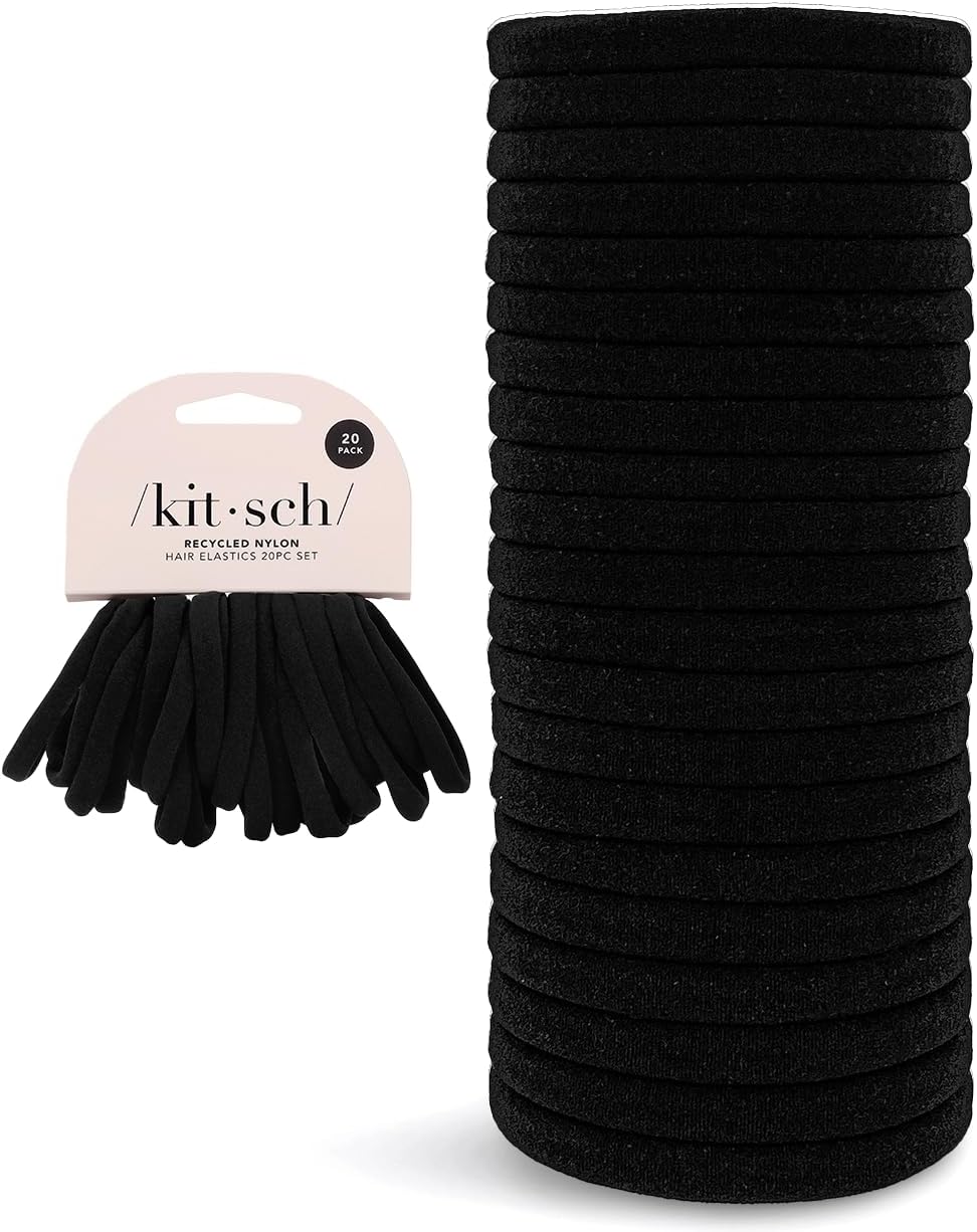 Kitsch Black Hair Ties No Damage - Strong, Stretchy Hair Bands | Soft Nylon Ponytail Holders, Snag-Free Rubber Bands, Perfect for Updos & Braids | Ideal Gifts for Women - Black, 20pcs
